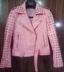 Women’s Punk Leather Jacket – Conical Studs, Waist Belted Brando Fit with Shoulder Epaulettes, Custom Gothic Moto Style