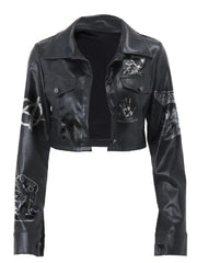 Women’s Black Leather Jacket – Handmade Patchwork Style with Spread Collar, Button Cuffs, Front Closure & Dual Back Patch Options