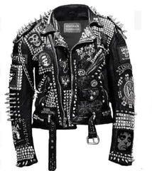 Black and White Studded Leather Jacket Men, Steampunk Studded Jacket, Cowhide Leather Patchwork, Dead Kennedy Clothing, Skull Social Jacket,