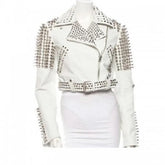 Handmade White Studded Leather Jacket Women Customized Made to Order Women's Silver Studded Genuine Leather Jacket Women White Spiked Jacket