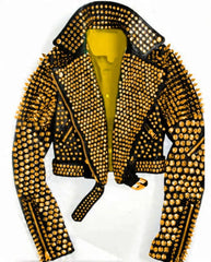 Women's Golden Biker Jacket with Studded Dome & Tree Spikes – Leather Motorcycle Jacket Punk hippie clothing Club wear
