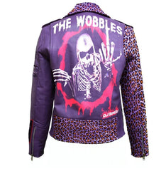 Women’s Purple Silver Studded Leather Jacket | Bold Wobbles Big Printed Patch Cheetah Print Collar & Sleeves Sex Pistols and Dead Kennedys