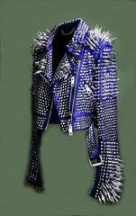 New Mens Full Blue Punk Silver Long Spiked Studded Leather Brando Jacket, Blue Studded Jacket, Men Jacket, Blue Spiked leather jacket