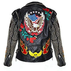 Women Punk Studded Leather, Jacket US Flag Eagle Gothic, Embroidered Patch, Fire Flame Patch Studded Jacket, Punk Rock,. Steam Punk Jacket
