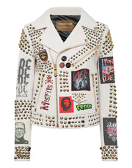 Women’s Gothic Leather Biker Jacket – Guevara Patch, Golden Cone Studs, Custom White Punk Moto Fit