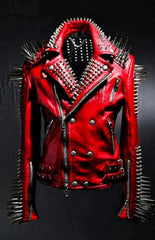 Women’s Red Spiked Leather Biker Jacket – Heavy Metal Punk Rock Studded Moto Jacket