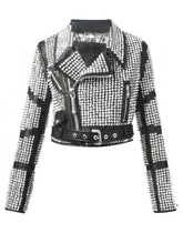 STUDWORK Handmade Woman Silver Studded Leather Jacket, Leather Steam Punk Studs Biker Leather Jacket, SpikesandStuds Belted Leather Jacket