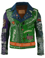 Green Studded Leather Jacket, Women Brando Multicolor Belted Gothic Steampunk Jacket, Pin and Badges Collar Leather Jacket, Punk studwork,