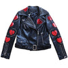 Red Heartbreaker Patchwork Cow Leather Jacket Silver Cone Spikes with Brando Biker Edge