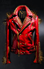 Women’s Red Leather Spiked Biker Jacket with Gold Studs – Heavy Metal Punk Rock Moto Jacket – Gothic Stagewear Custom Outfit