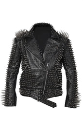 Men SPIKED Studded BLACK Leather Jacket Brando Full Steampunk Rocker Silver Long Spikes
