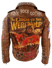 Tiger Print Cow Skin Leather, Brando Fashion Brown Clothing, Spikes Badges Jacket, Steampunk Silver Studs, Werewolf Curse Rivets Outfit,