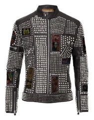 Patchwork Fashion Motorbike Halloween, Black Slim Steampunk Gothic, Cow Leather Studded Jacket, Bride Of Frankenstein Clothing For Men,
