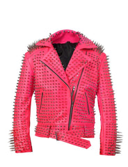 Women's Full Spiked Punk, Silver Long Spike Studded, Pink Brando Clothing, Bikers Outfit Steampunk, Handmade Cowhide Leather Jacket,