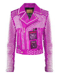 Men’s Punk Rock Leather Jacket – Slipknot Patch, Silver Pyramid Studs, Violet Steampunk Moto Fit