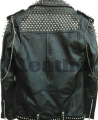Men Black Full Silver Studded Patches With Chains Cowhide Leather Jacket with patches decorated