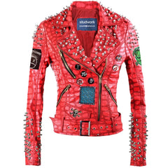 Red Cow Leather Crocodile Printed, Badges Pins And Spiked Women, Studwork Jacket, Leopard Patchwork Clothing, Studded Belted Outer Wear,