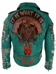 Green Studded Leather Men, Punk studded leather Jacket Handmade with Cow Leather, Pins and Patches Studded Leather Club Wears Jacket For Men