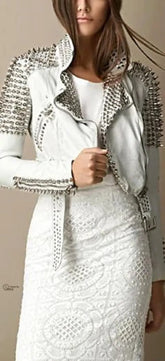 Handcrafted Women Silver Long Studded Genuine Leather Jacket Spiked Stud placed by Hand Belted Biker Brando Fashion Party White Leather