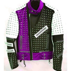 Men's Multicolor Bikers Jacket, Silver Studded Gothic Jacket, Conical Studs Adjustable Belted Jacket, Button Tab Collar Motorcycle Jacket,