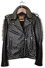 Men Biker's Black Color Clothing, Handmade Cow Skin Leather, Spiked Studded Personalized Jacket, Santa Carla Printed Punk Rock Gothic,