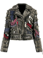 Women's Studded Leather Jacket | Gothic Punk Style | Solid Metal Studs | Customizable Patches | Belted Fashion Jacket for a Unique Look