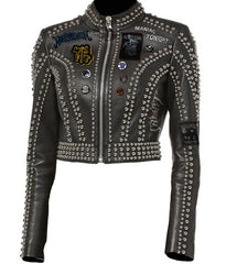 Women’s Gothic Party Jacket – Specimen Batastrophe, Rob Zombie & Misfits Patches, Steampunk Studded Leather Moto Fit