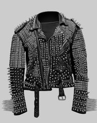 Men’s Punk Leather Jacket – Spiked Studwork, “Punk’s Not Dead” Back Patch, Custom Brando Fit in Black Cowhide
