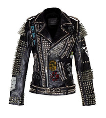 Women's Personalized Steampunk Spiked Studded Cow Skin Leather Brando Handmade Patches Punk Jacket