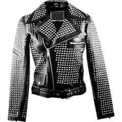 Motorbike Round Studded Jacket, Genuine Leather Belted Jacket, Women Lapel Collar Punk Jacket, Handmade Silver Studs Gothic Bikers Jacket