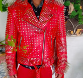 Women Handmade Silver Studded Red Fringed Leather Jacket, Customize Biker's Fashion, WWF Wrestlers Outfit, Brando Personalized Jacket,
