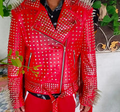 Women Handmade Silver Studded Red Fringed Leather Jacket, Customize Biker's Fashion, WWF Wrestlers Outfit, Brando Personalized Jacket,