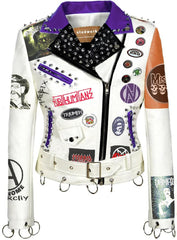 Studwork White Leather Women Fashion, Lemmy Misfit Gothic Patchwork, Biker Outfit Waist Belted, Jacket For Women, Brando Vampira Jacket,