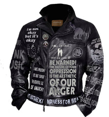 I Am Not Okay Printed Men's Fashion, Black Cowhide Leather Brando Jacket, Cripple Punk Outfit For Men, Customize Biker's Style Punk Rock,