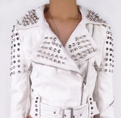 Motorcycle Jacket, Silver Studded Fashion Jacket, Handmade White Color Punk Jacket, Lapel Collar, Metal Cone Studs Real Leather Jacket,