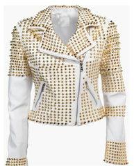 Woman White Leather Jacket, Steampunk Clothing Golden Studded Punk Jacket, Women’s Biker Jacket, Gold Studs Cowhide Leather, Studded Golden