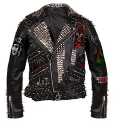 Spiked Leather Jacket Custom Made with Iconic Band Patches And Pin Button Badges