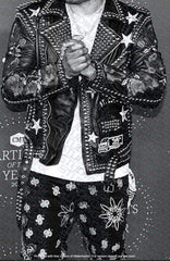 Men White and Silver Patches Studded leather jacket, Punk Fashion Pure Leather Motorcycle Brando Patches Jacket