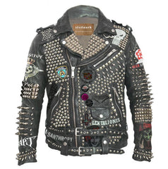 Punk Rock Leather Jacket – Downstroy, Mooca Caboel & Deadly Mosh Patches, Spiked Steampunk Moto Fit, Handmade Biker Style