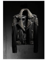 Men's Spiked Punk Jacket, Shoulder Epaulets Jacket, Handmade Black Cowhide Leather Jacket, Silver Studded Gothic Jacket, Motorbike Jacket