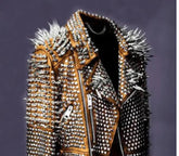 Women Studded Leather, Steam PUNK Orange Spiked Studded Leather Jacket, Gothic Rockers Studded Jacket