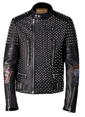 Men’s Punk Leather Jacket – Doll Puppet Patch, Silver Round Studs, Buckled Waist, Custom Slim Gothic Fit