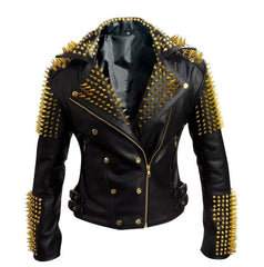Handmade Bomber Leather Jacket, Women Fashion Jacket, Heavy Metal Studs Jacket, Personalized Golden Studded Jacket, Spiked Fashion Jacket,
