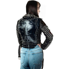 Women’s Gothic Punk Jacket – Faces of Death & Sine Mora Patches, Bullet Spikes, Studded Leather Moto Fit, Custom Partywear