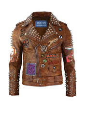 Tiger Print Cow Skin Leather, Brando Fashion Brown Clothing, Spikes Badges Jacket, Steampunk Silver Studs, Werewolf Curse Rivets Outfit,