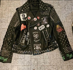 Sex Pistols Inspired Leather Jacket, Silver Studded Patches, Punk Rock ‘Not Dead Born to Lose Live to Win’ Jacket, Rebellious Rocker Fashion