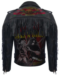 Men’s Gothic Punk Leather Jacket – Guns N’ Roses Patchwork, Fringed Back & Sleeves, Epaulettes, Waist Belted Brando Biker Style