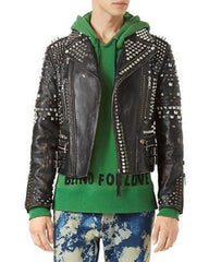 Men's Biker Studded Stylish Magnificent Leather Jacket All Sizes Available Antique Brown Distressed Multi color studs belted strap zipper