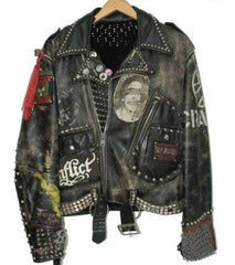 Men's Cone Studded Waist Belted, Biker's Fashion Citizen Fish Leather Jacket, Sex Pistol Misfit Patches, Personalized Gothic Jacket,