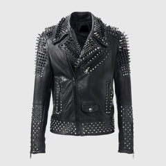 Handmade Silver Biker Brando Mens Punk Biker Full Black Silver Studded Biker Leather Jacket